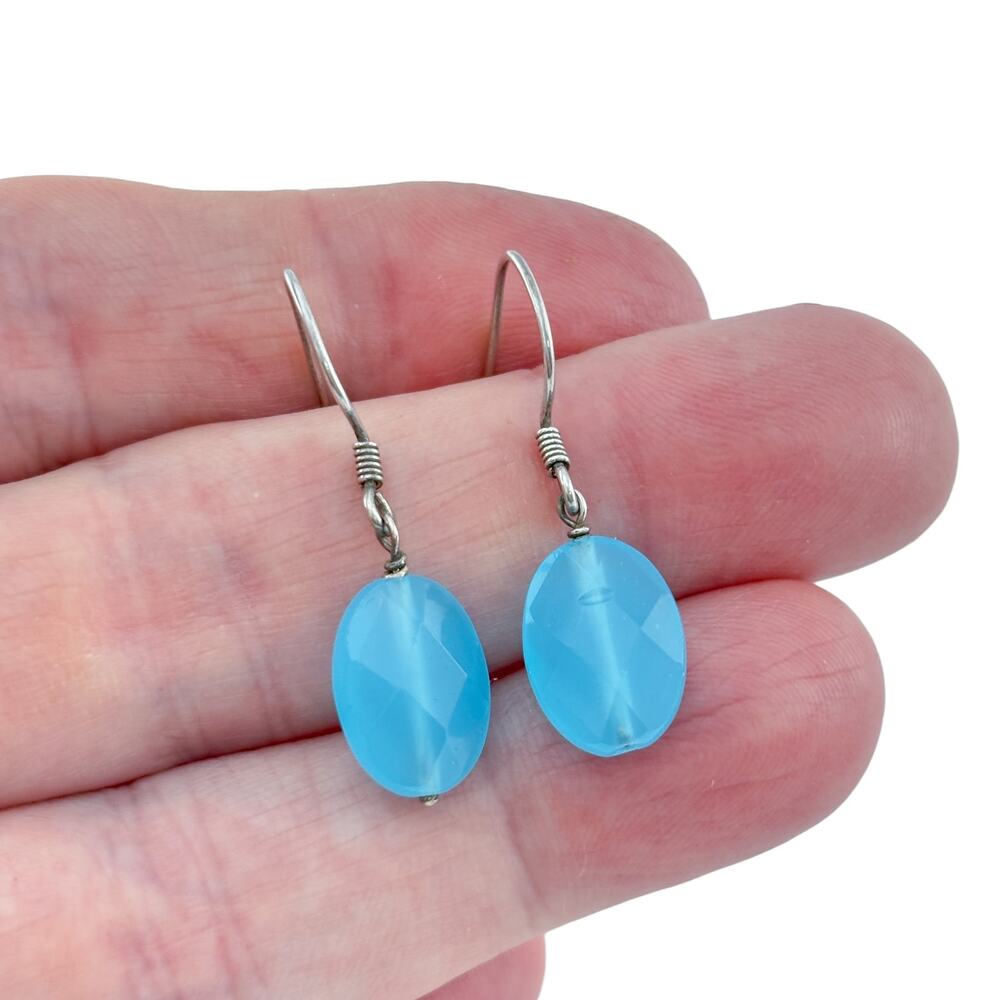 Vintage Silver-Tone Blue Oval Glass Bead Dangle Earrings